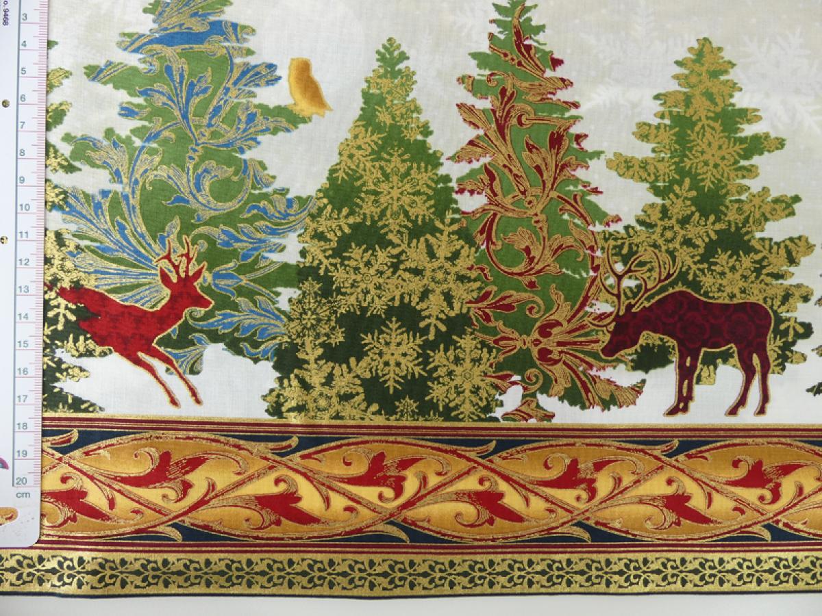 Patchworkstoff Bordüre Winterwald Hirsche weiß mit gold mit Maß